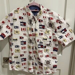 Mens White Nautical Flag Short-Sleeve Button-Up Shirt. Tommy Hilfiger